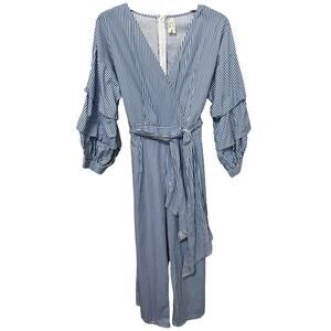 Truth Women’s Jumpsuit Sz Medium Blue/White Stripe 3/4 Tiered‎ Sleeve Zipper/Tie